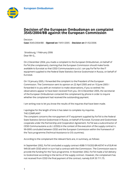 Decision of the European Ombudsman on Complaint 3545/2004/BB Against the European Commission