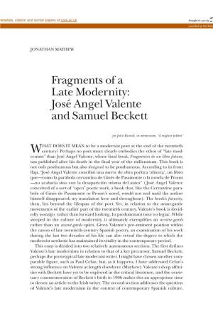 Fragments of a Late Modernity: José Angel Valente and Samuel Beckett