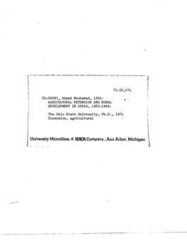 F. University Microfilms, a XEROX Company, Ann Arbor, Michigan \ I 4 AGRICULTURAL EXTENSION and RURAL DEVELOFJOTT in SYRIA 1955-1368
