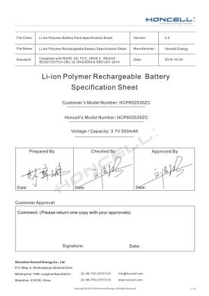 Li-Ion Polymer Rechargeable Battery Specification Sheet Manufacturer： Honcell Energy