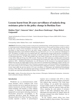 Lessons Learnt from 20 Years Surveillance of Malaria Drug Resistance Prior to the Policy Change in Burkina Faso