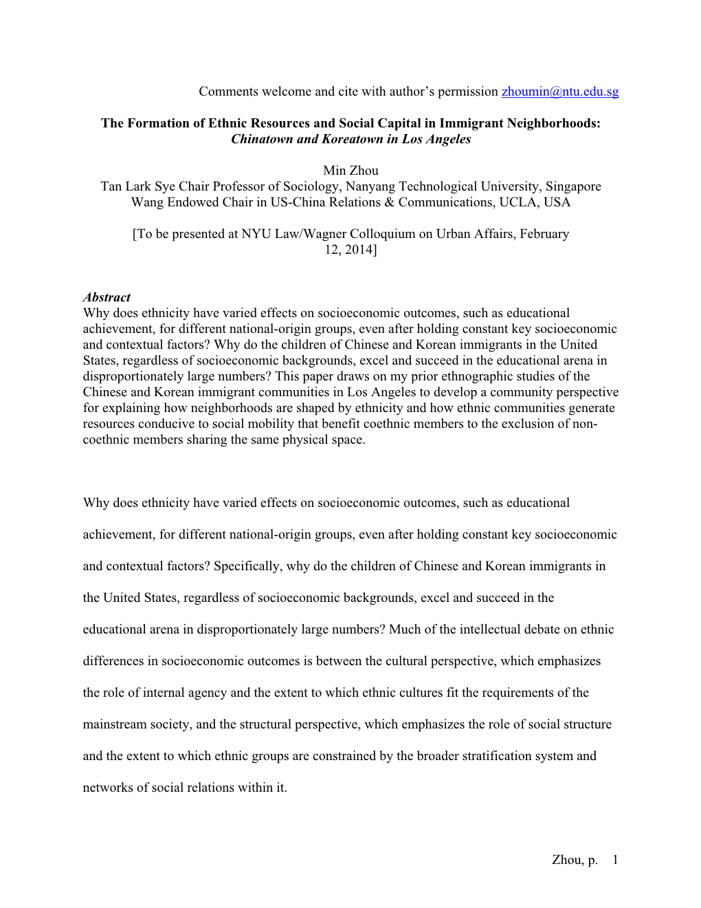 The Formation of Ethnic Resources and Social Capital in Immigrant Neighborhoods: Chinatown and Koreatown in Los Angeles