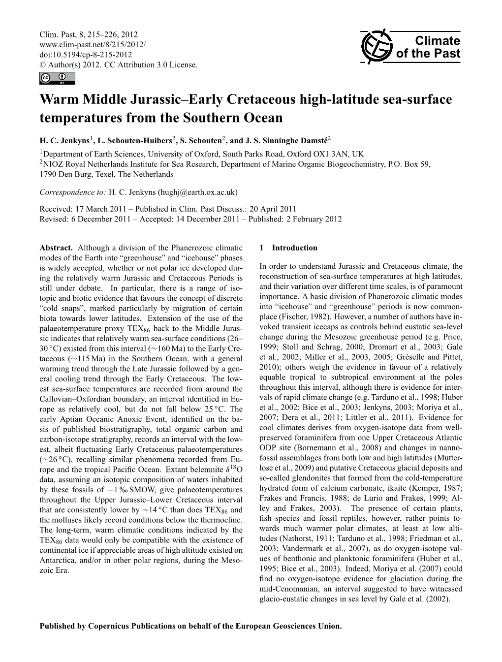 Warm Middle Jurassic–Early Cretaceous High-Latitude Sea-Surface Temperatures from the Southern Ocean