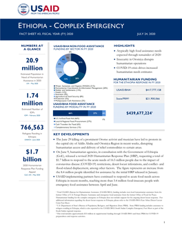 Ethiopia - Complex Emergency Fact Sheet #3, Fiscal Year (Fy) 2020 July 24, 2020