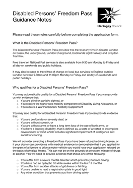 Disabled Persons' Freedom Pass Guidance Notes