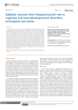 Subplate Neurons: Their Biopsychosocial Role in Cognitive and Neurodevelopmental Disorders, Nociception and Stress