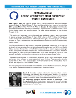 Second Annual Louise Meriwether First Book Prize Winner Announced