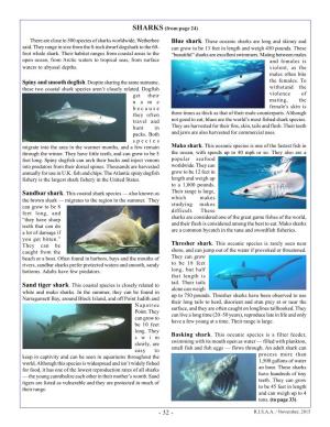SHARKS (From Page 24) There Are Close to 500 Species of Sharks