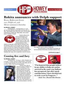 Rokita Announces with Delph Support Braun, Rokita Join Senate Race, Delph Out, and Messer Announces Saturday by BRIAN A