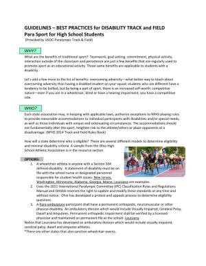 BEST PRACTICES for DISABILITY TRACK and FIELD Para Sport for High School Students (Provided by USOC‐Paralympic Track & Field)
