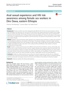 Anal Sexual Experience and HIV Risk Awareness Among Female Sex Workers in Dire Dawa, Eastern Ethiopia Yohannes Teka Mazeingia1*, Lemessa Olijjira2 and Yadeta Dessie2