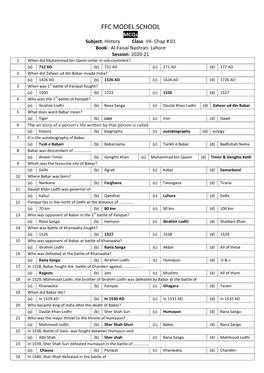 FFC MODEL SCHOOL Mcqs Subject : History Class : VII- Chap # 01 Book : Al-Faisal Nashran