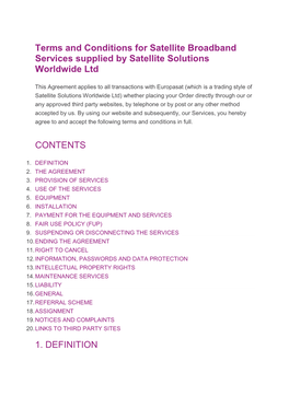 Terms and Conditions for Satellite Broadband Services Supplied by Satellite Solutions Worldwide Ltd