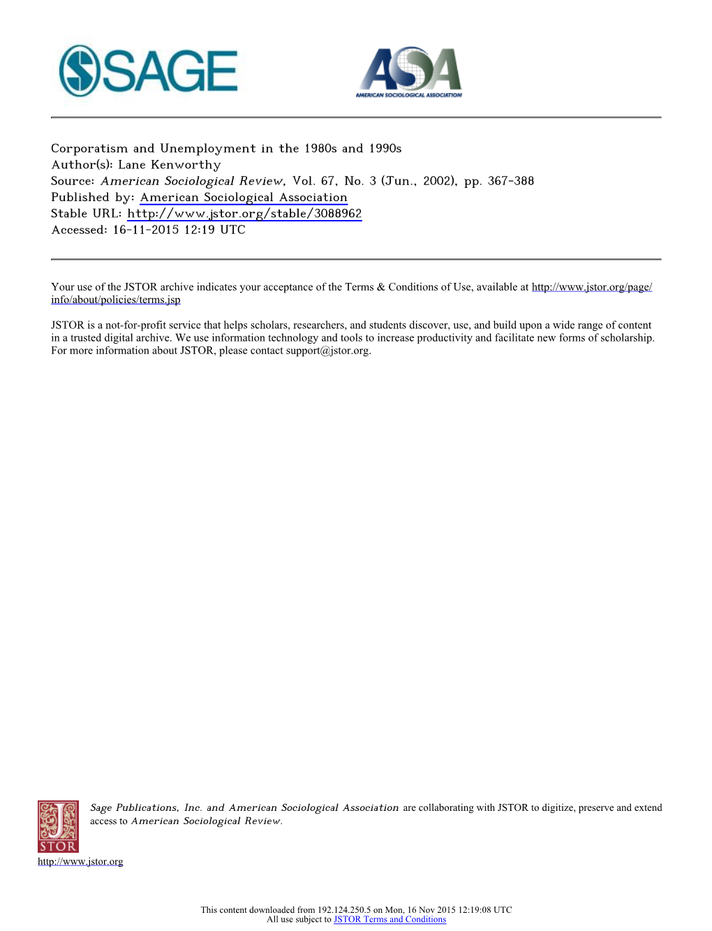 Corporatism and Unemployment in the 1980S and 1990S Author(S): Lane Kenworthy Source: American Sociological Review, Vol