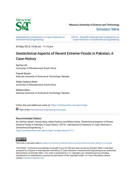 Geotechnical Aspects of Recent Extreme Floods in Pakistan; a Case History