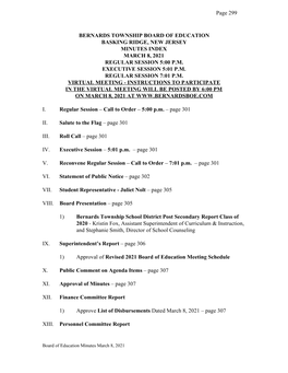 Bernards Township Board of Education Basking Ridge, New Jersey Minutes Index March 8, 2021 Regular Session 5:00 P.M