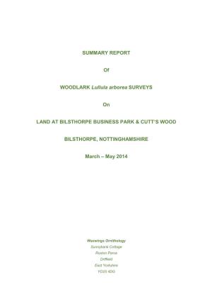 SUMMARY REPORT of WOODLARK Lullula Arborea SURVEYS On