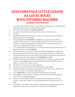 2020 Saratoga Little League Aa Local Rules With