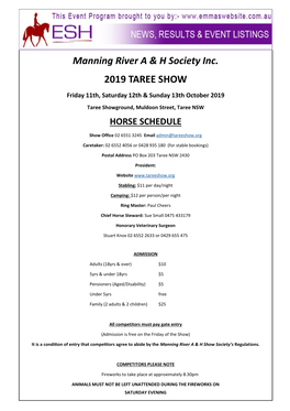 Manning River a & H Society Inc. 2019 TAREE SHOW