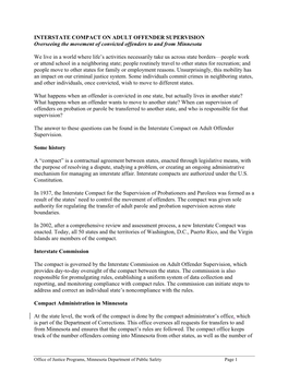 INTERSTATE COMPACT on ADULT OFFENDER SUPERVISION Overseeing the Movement of Convicted Offenders to and from Minnesota