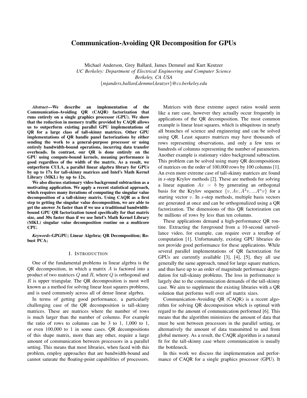 Communication-Avoiding QR Decomposition for Gpus