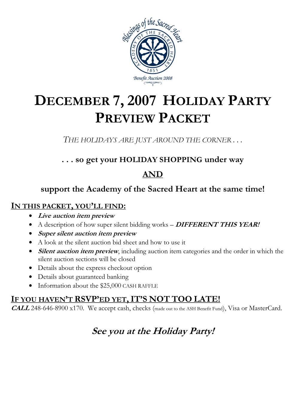 December 7, 2007 Holiday Party Preview Packet