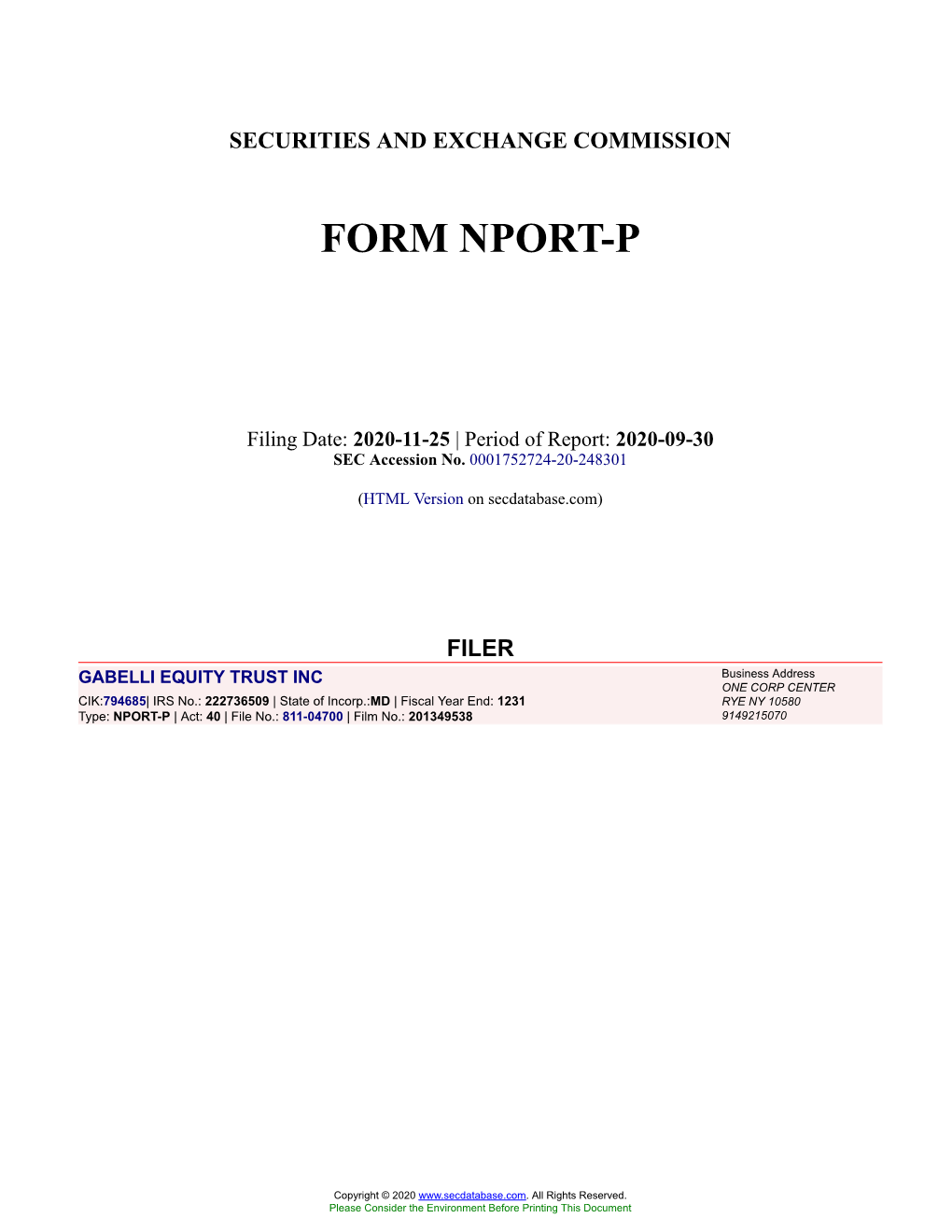 GABELLI EQUITY TRUST INC Form NPORT-P Filed