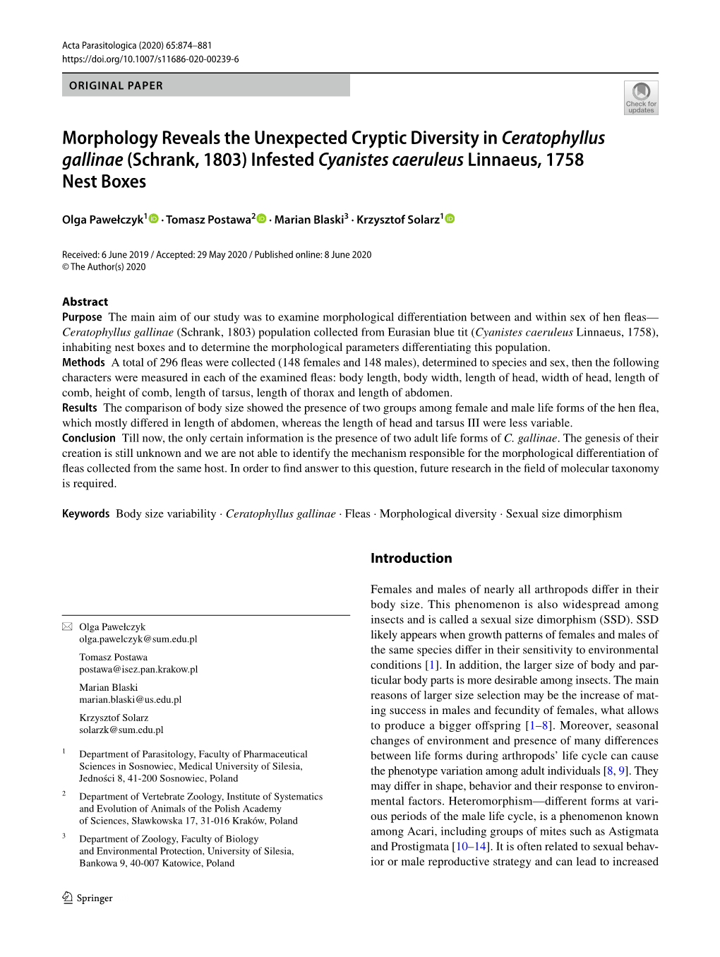 Morphology Reveals the Unexpected Cryptic Diversity in Ceratophyllus Gallinae (Schrank, 1803) Infested Cyanistes Caeruleus Linnaeus, 1758 Nest Boxes