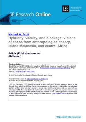 Hybridity, Vacuity, and Blockage: Visions of Chaos from Anthropological Theory, Island Melanesia, and Central Africa