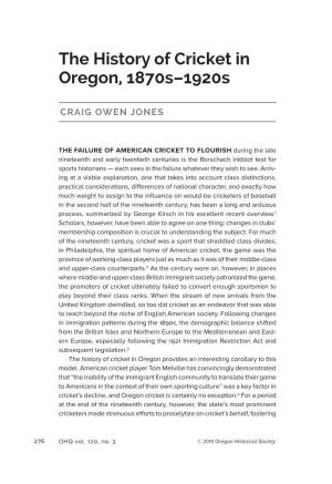 The History of Cricket in Oregon, 1870S–1920S