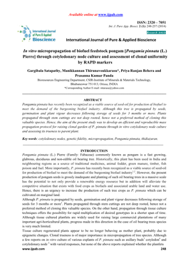 In Vitro Micropropagation of Biofuel Feedstock Pongam [Pongamia Pinnata (L.) Pierre] Through Cotyledonary Node Culture and Asses