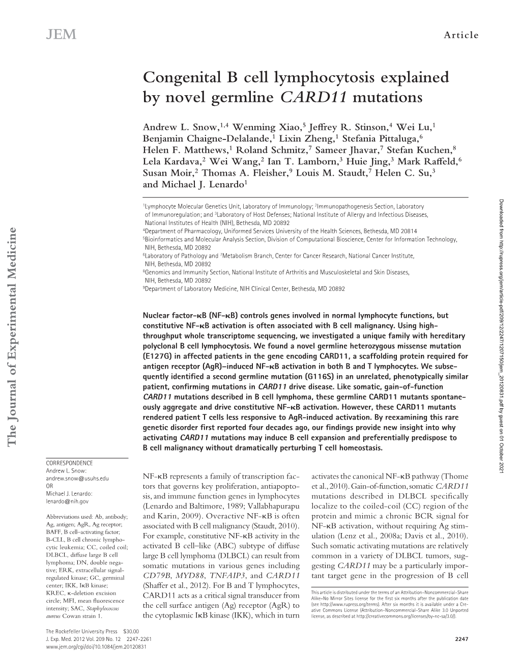 Congenital B Cell Lymphocytosis Explained By Novel Germline CARD11 ...