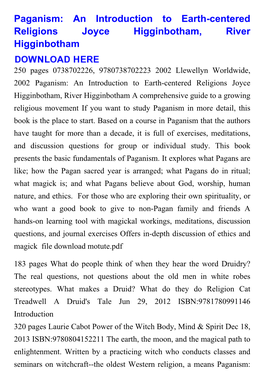 Paganism: an Introduction to Earth-Centered Religions Joyce Higginbotham, River Higginbotham