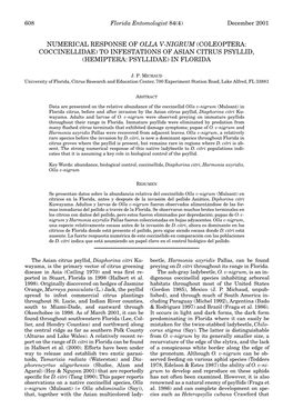 Numerical Response of Olla V-Nigrum (Coleoptera: Coccinellidae) to Infestations of Asian Citrus Psyllid, (Hemiptera: Psyllidae) in Florida
