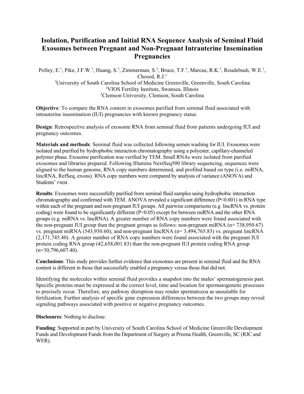 Isolation, Purification and Initial RNA Sequence Analysis of Seminal Fluid Exosomes Between Pregnant and Non-Pregnant Intrauterine Insemination Pregnancies