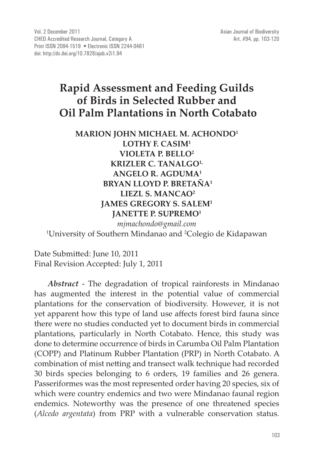 Rapid Assessment and Feeding Guilds of Birds in Selected Rubber and Oil Palm Plantations in North Cotabato