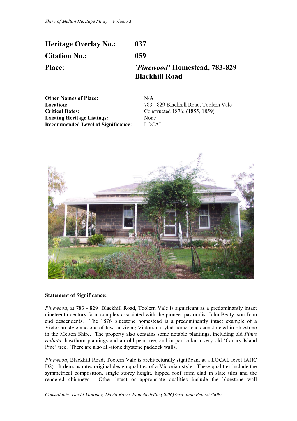 059 Place: 'Pinewood' Homestead, 783-829 Blackhill Road