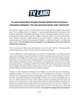 Tv Land Announces Second Season Orders for Successful Freshman Comedies “The Jim Gaffigan Show” and “Impastor”