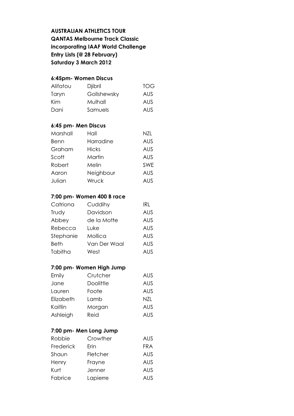 AUSTRALIAN ATHLETICS TOUR QANTAS Melbourne Track Classic Incorporating IAAF World Challenge Entry Lists (@ 28 February) Saturday 3 March 2012