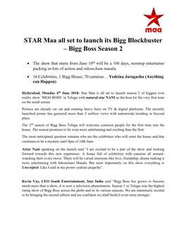 STAR Maa All Set to Launch Its Bigg Blockbuster – Bigg Boss Season 2