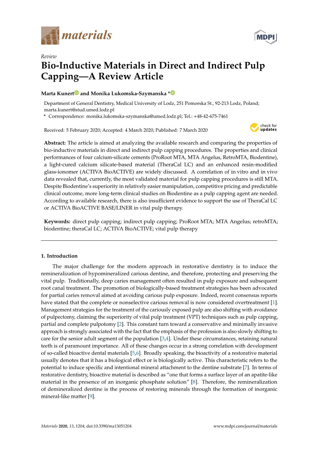 Bio-Inductive Materials in Direct and Indirect Pulp Capping—A Review Article