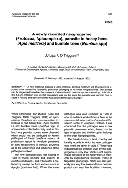 A Newly Recorded Neogregarine (Protozoa, Apicomplexa), Parasite in Honey Bees (Apis Mellifera) and Bumble Bees (Bombus Spp)