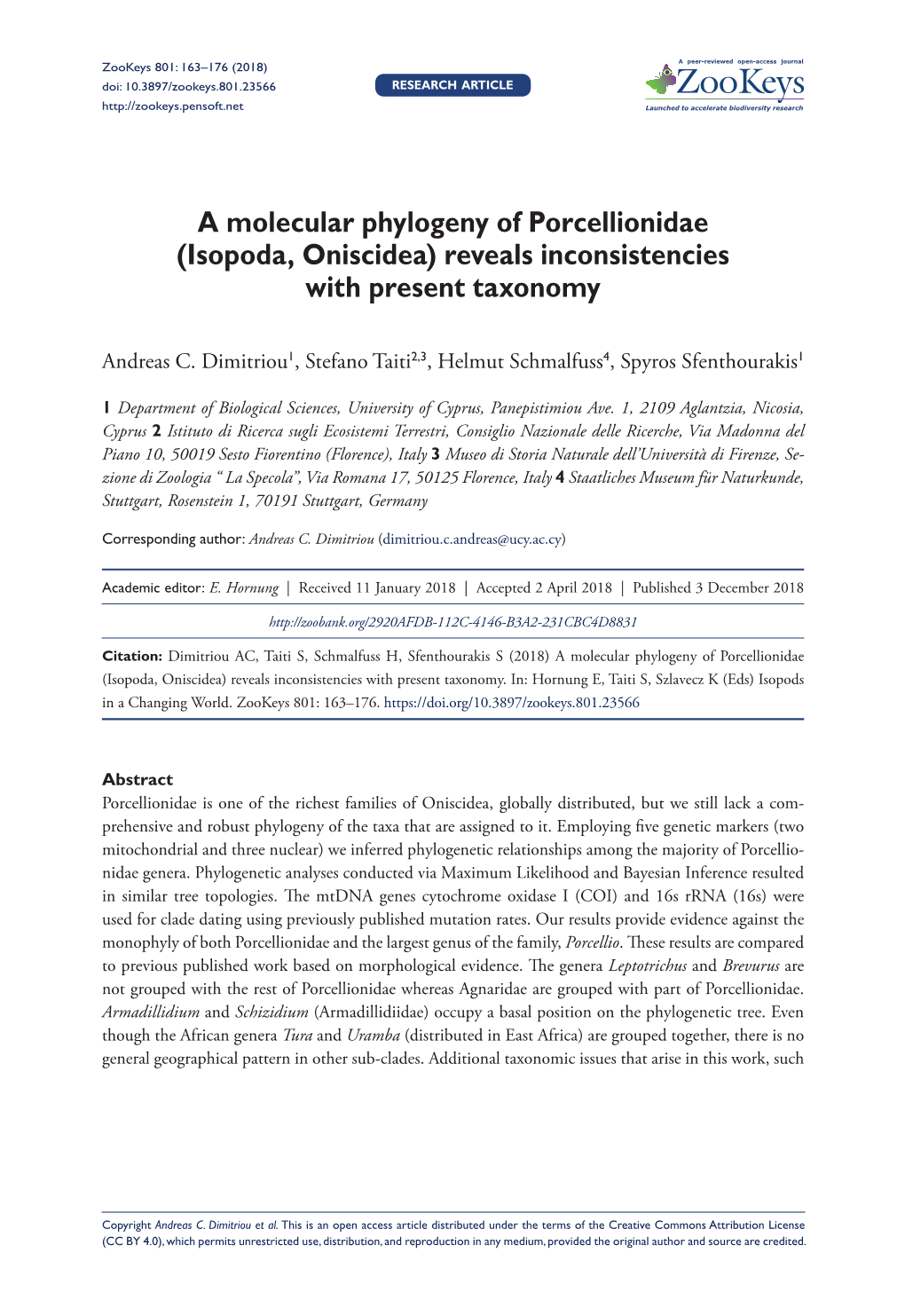 A Molecular Phylogeny of Porcellionidae (Isopoda, Oniscidea) Reveals Inconsistencies with Present Taxonomy