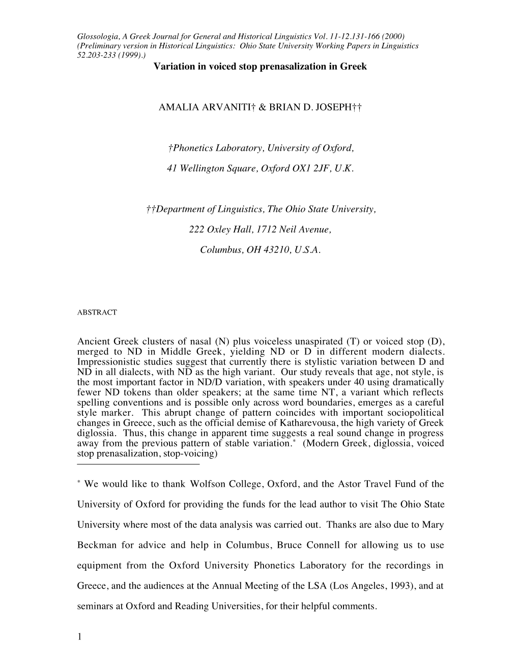 1 Variation in Voiced Stop Prenasalization in Greek AMALIA