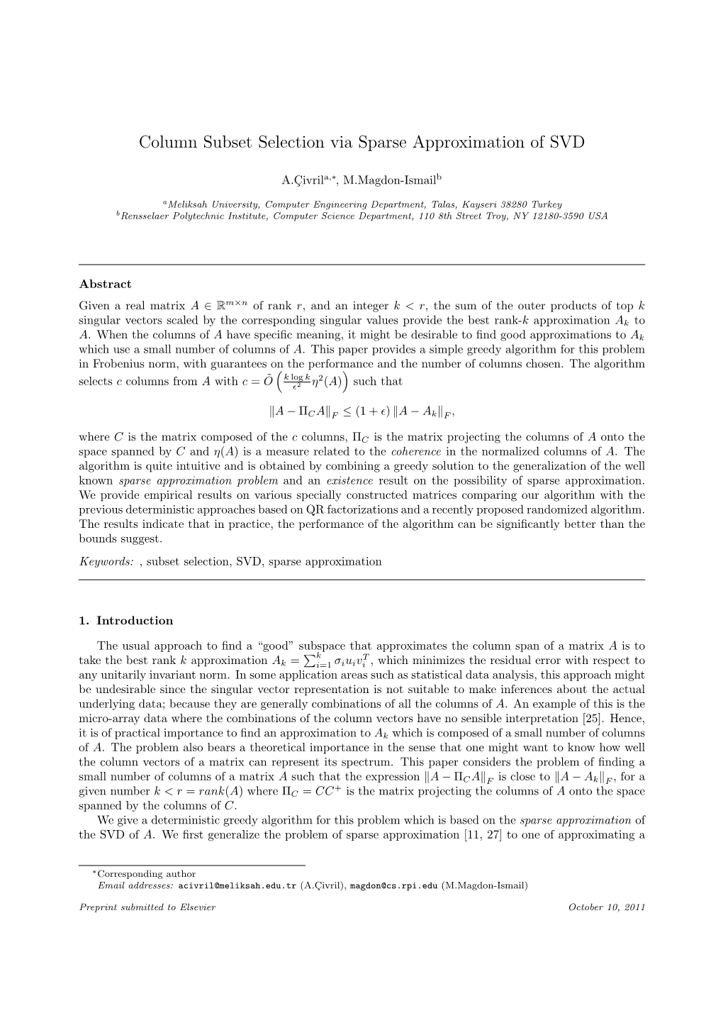 Column Subset Selection Via Sparse Approximation of SVD