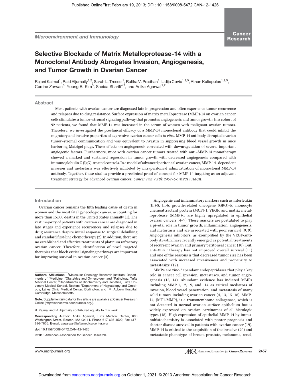 Selective Blockade of Matrix Metalloprotease-14 with a Monoclonal Antibody Abrogates Invasion, Angiogenesis, and Tumor Growth in Ovarian Cancer