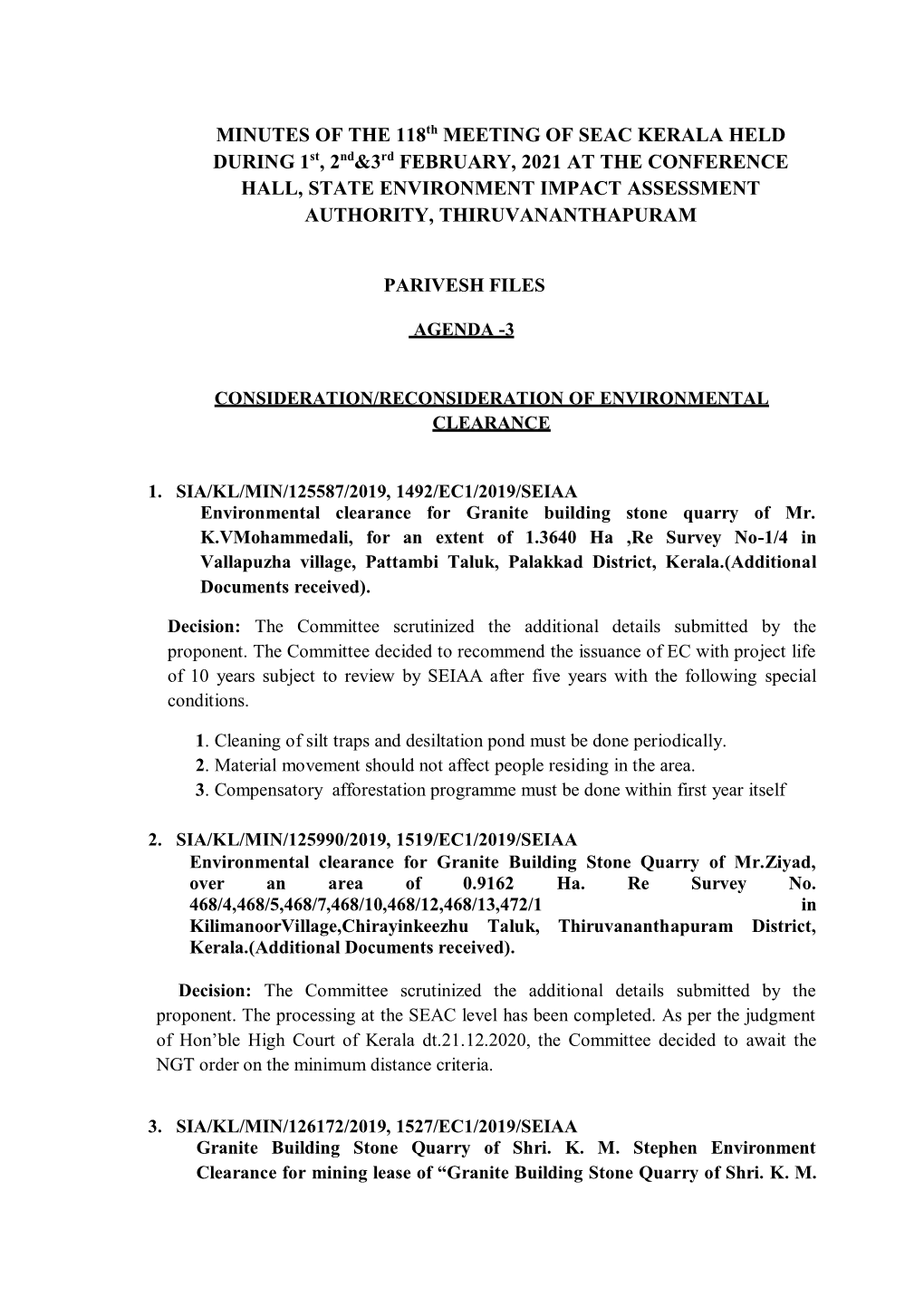 MINUTES of the 118Th MEETING of SEAC KERALA HELD DURING