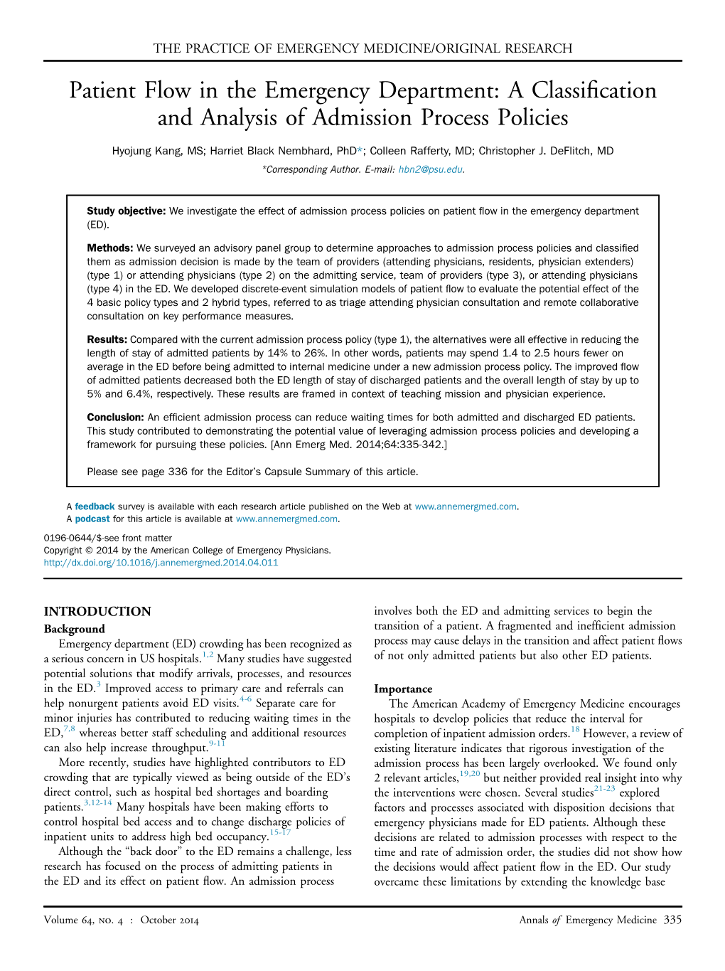 Patient Flow in the Emergency Department: a Classiﬁcation and Analysis of Admission Process Policies