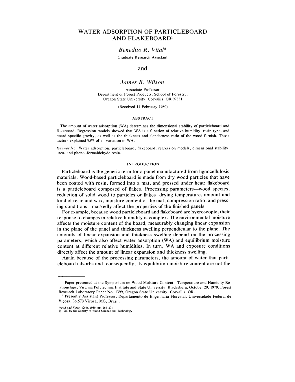 WATER ADSORPTION of PARTICLEBOARD and FLAKEBOARD' Benedito R