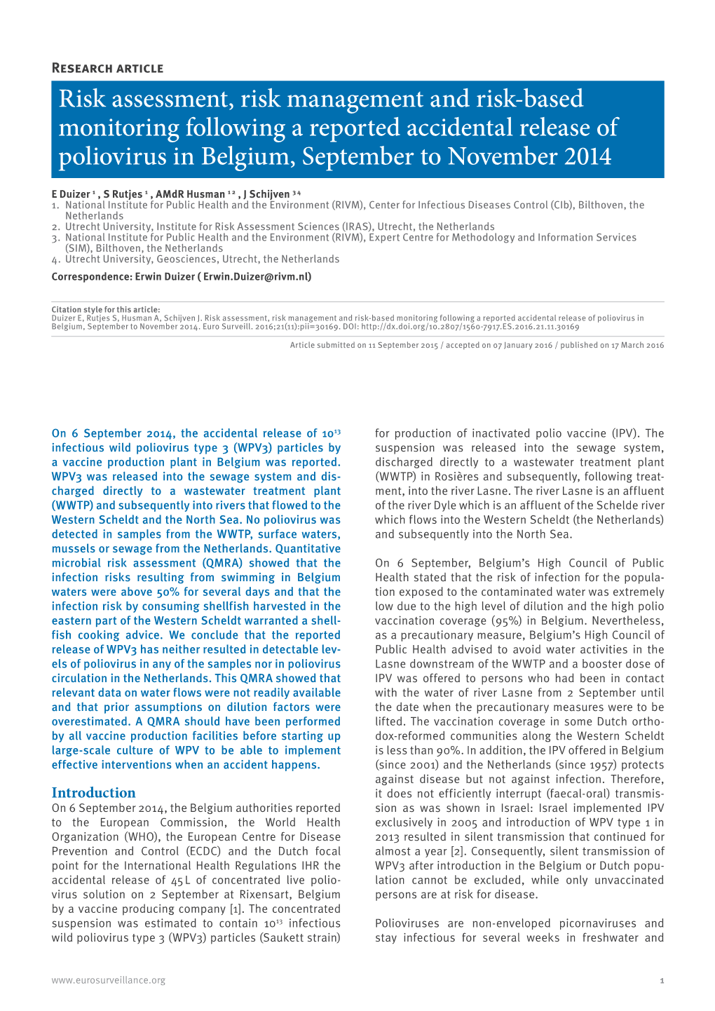 Risk Assessment, Risk Management and Risk-Based Monitoring Following a Reported Accidental Release of Poliovirus in Belgium, September to November 2014